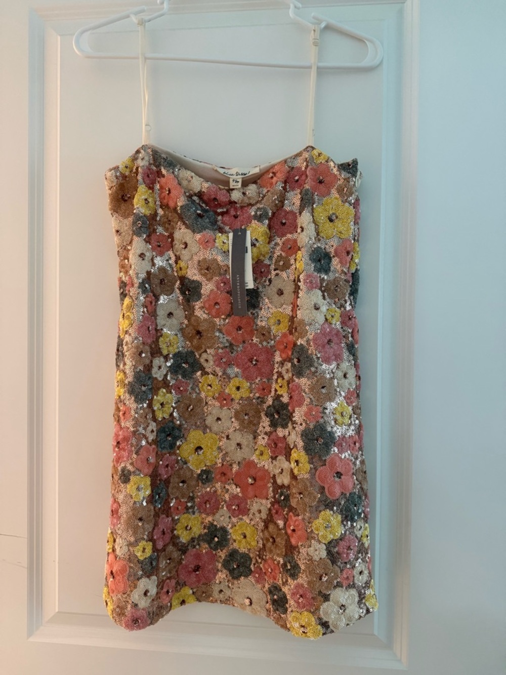 Anthropologie Coral, Yellow & Cream Sequin Floral Dress